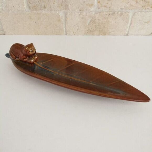 Cat Incense Holder Stick Burner Leaf Brown Ceramic Animal Figure - Picture 1 of 9